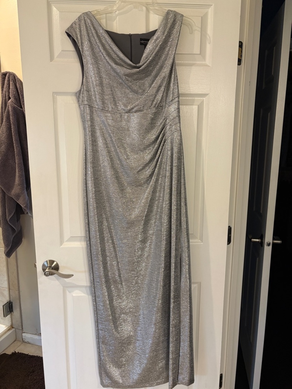 connected apparel Silver Metallic Cowl Neck Maxi Dress